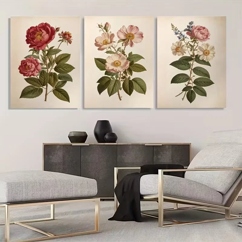3pcs Vintage Rose Plant Triptych Wall Art Set Canvas Framed 60x90cm - High Quality Print 100% Australian Made Wall Canvas Ready to Hang