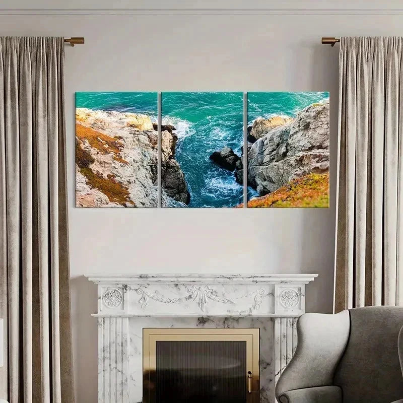 3pcs Sea Waves Coastline Rocks Modern Wall Art Set Canvas Framed 40x60cm - High Quality Print 100% Australian Made Wall Canvas Ready to Hang