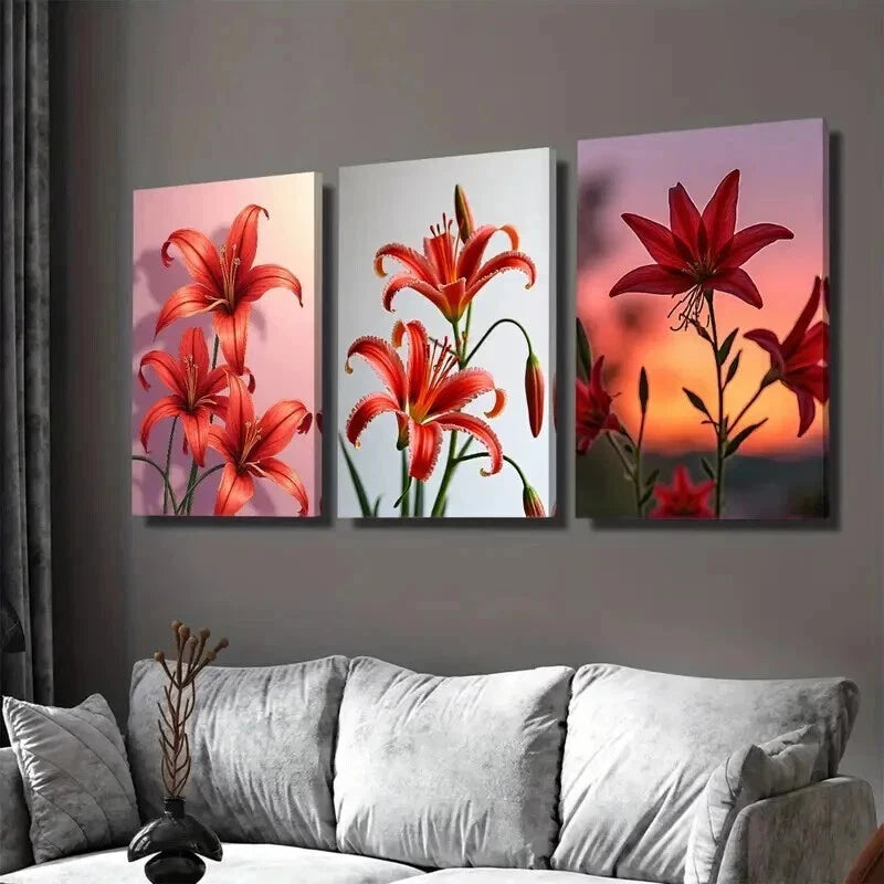 3pcs Red Lily Flower Vibrant Floral Orange Wall Art Set Canvas Framed 50x70cm - High Quality Print 100% Australian Made Wall Canvas Ready to Hang