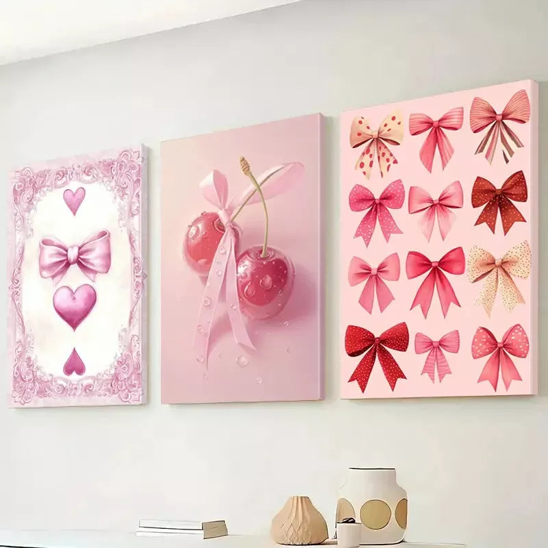 3pcs Classic Retro Minimalist Bow and Cherry wall Art Set Canvas Framed 50x70cm - High Quality Print 100% Australian Made Wall Canvas Ready to Hang