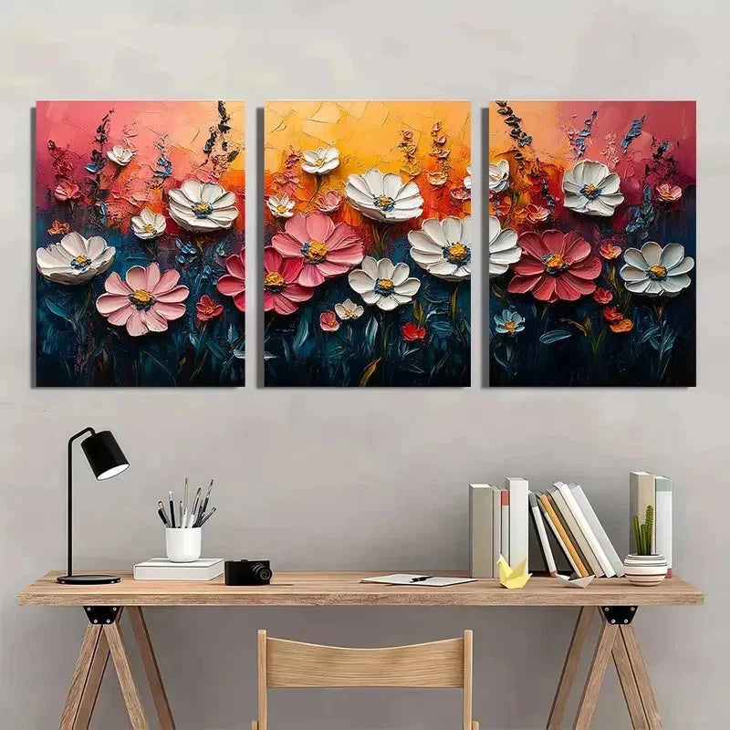 3pcs Pink Meadow & Wildflower Textured Perfect Wall Art Set Canvas Framed 60x90cm - High Quality Print 100% Australian Made Wall Canvas Ready to Hang