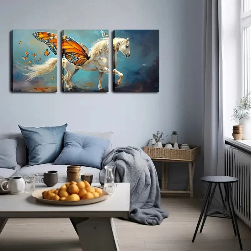 3pcs Horse With Butterfly Wings Blue Perfect Wall Art Set Canvas Framed 40x60cm - High Quality Print 100% Australian Made Wall Canvas Ready to Hang