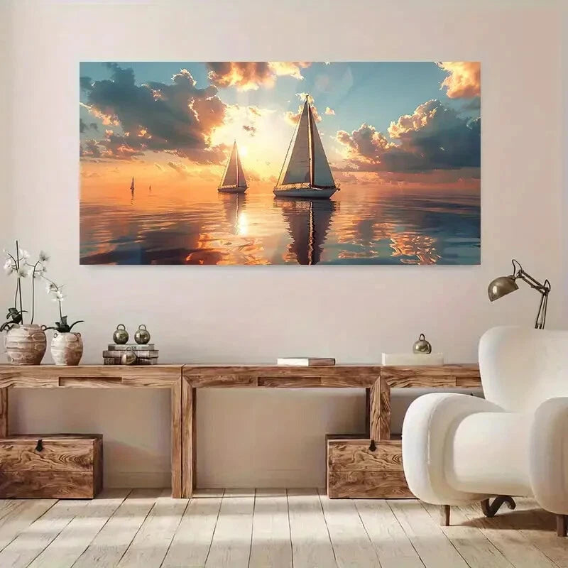 Serene Sunset Sailboats Wall Art wall canvas office home room framed 120x60cm
