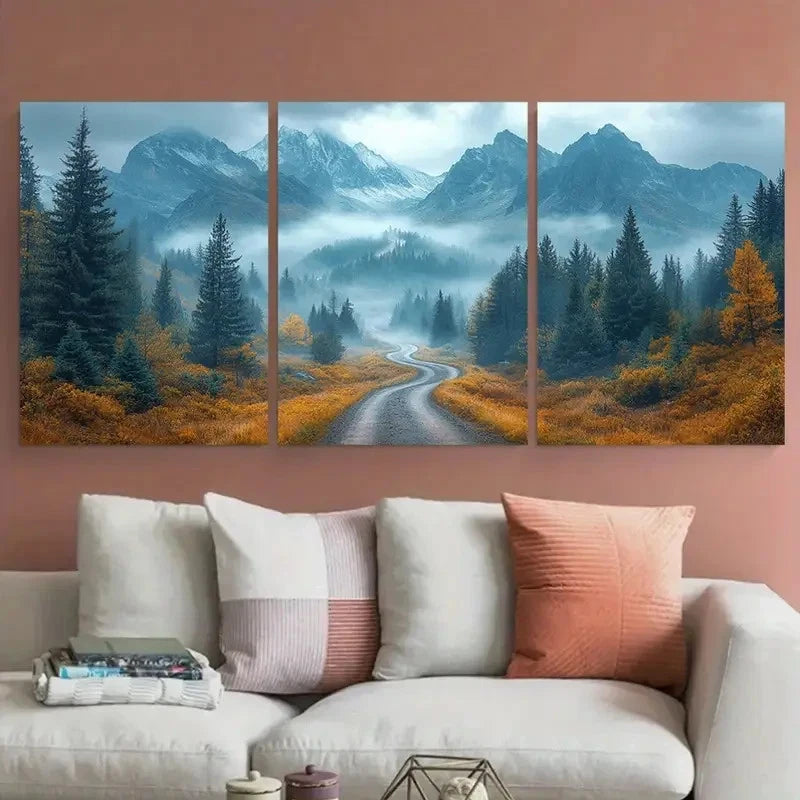 3pcs Winding Road Misty Rocky Mountains Perfect Wall Art Set Canvas Framed 40x60cm - High Quality Print 100% Australian Made Wall Canvas Ready to Hang