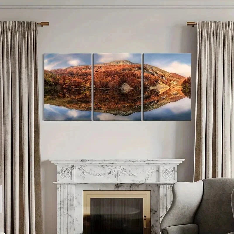 3pcs Autumn Forest Mountains & Reflections Wall Art Set Canvas Framed 40x60cm - High Quality Print 100% Australian Made Wall Canvas Ready to Hang