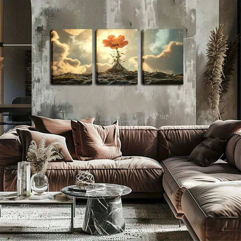 3pcs Vibrant Orange Flower On Rocks Perfect Wall Art Set Canvas Framed 40x60cm - High Quality Print 100% Australian Made Wall Canvas Ready to Hang