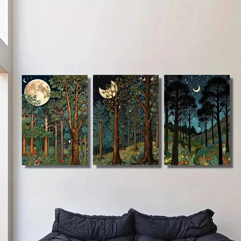 3pcs Classic Moonlit Forest Landscape Wall Art Set Canvas Framed 40x60cm - High Quality Print 100% Australian Made Wall Canvas Ready to Hang
