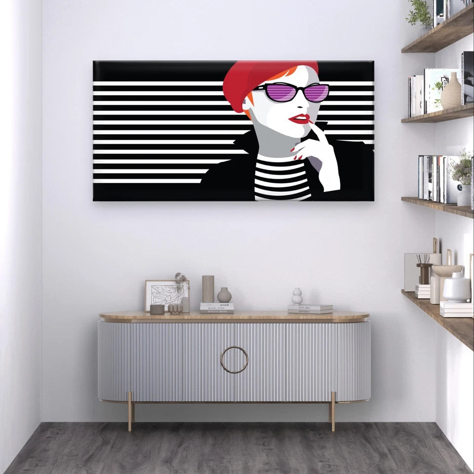 Pop Art Woman with Red Beret Wall Art Canvas Office Home Framed 120x60cm
