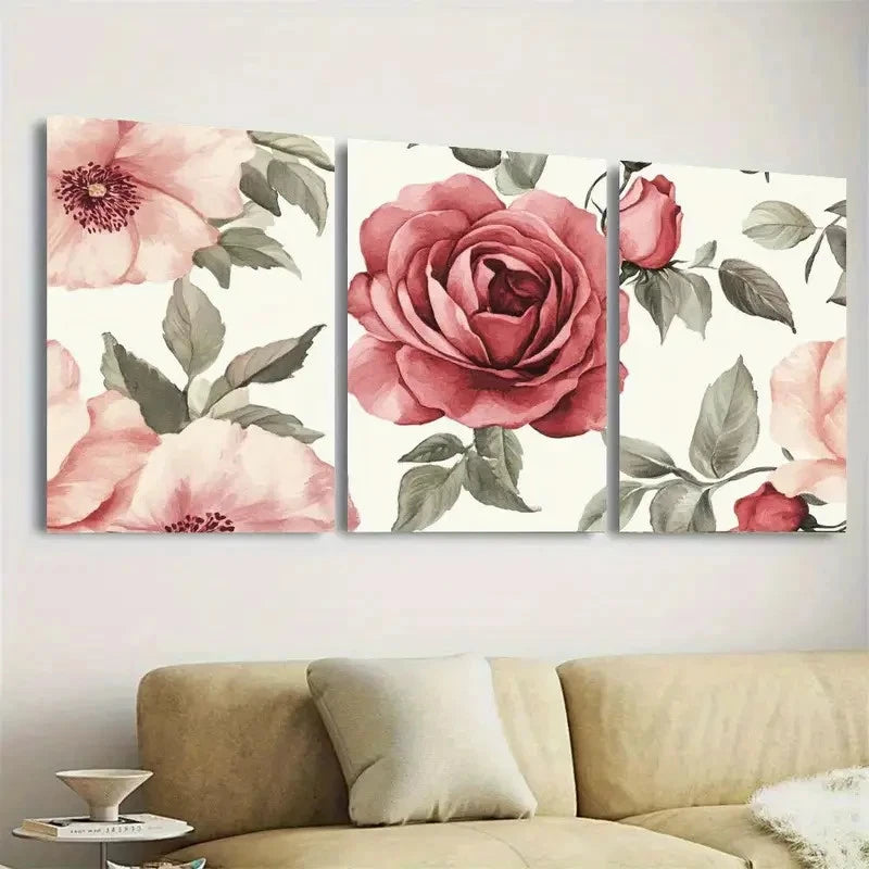 3pcs Pink Roses & Peonies with Green Leaves Wall Art Set Canvas Framed 40x60cm - High Quality Print 100% Australian Made Wall Canvas Ready to Hang