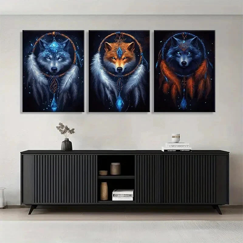 3pcs Mystical Wolf Fox Dreamcatcher Spirit Wall Art Set Canvas Framed 40x60cm - High Quality Print 100% Australian Made Wall Canvas Ready to Hang
