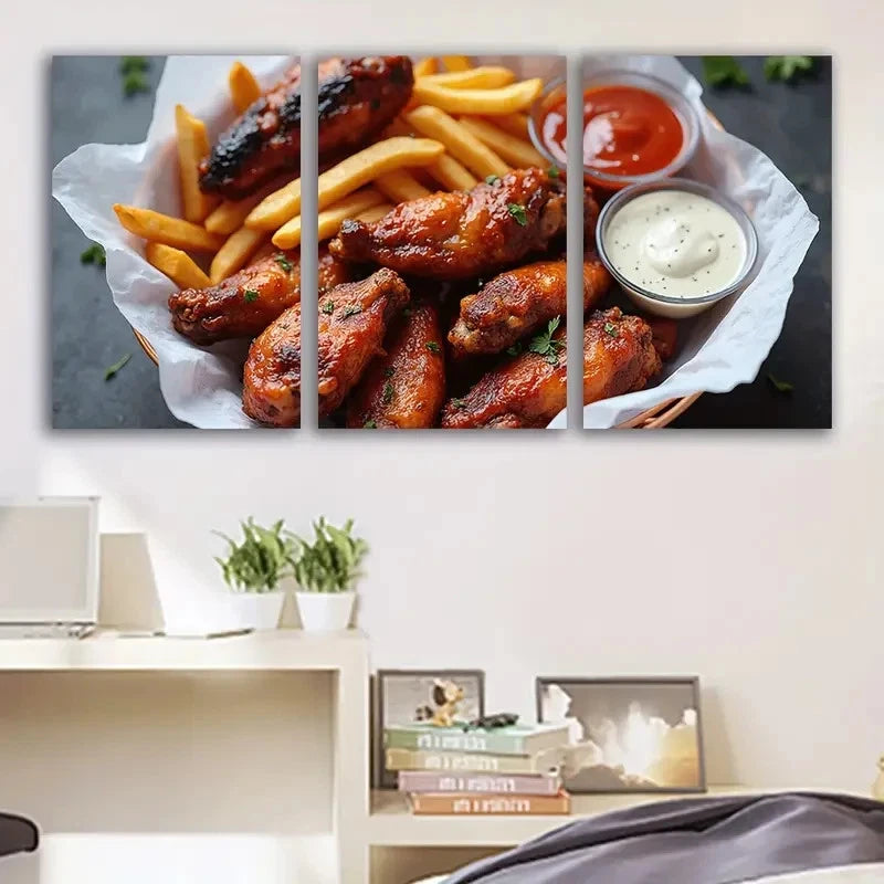 3pcs Crispy Chicken Wings With Fries & Sauces Wall Art Set Canvas Framed 50x70cm - High Quality Print 100% Australian Made Wall Canvas Ready to Hang