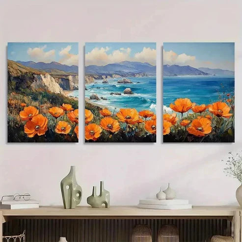 3pcs California Poppy & Big Sur Coast Wall Art Canvas Unframed - High Quality Print 100% Australian Made Wall Canvas