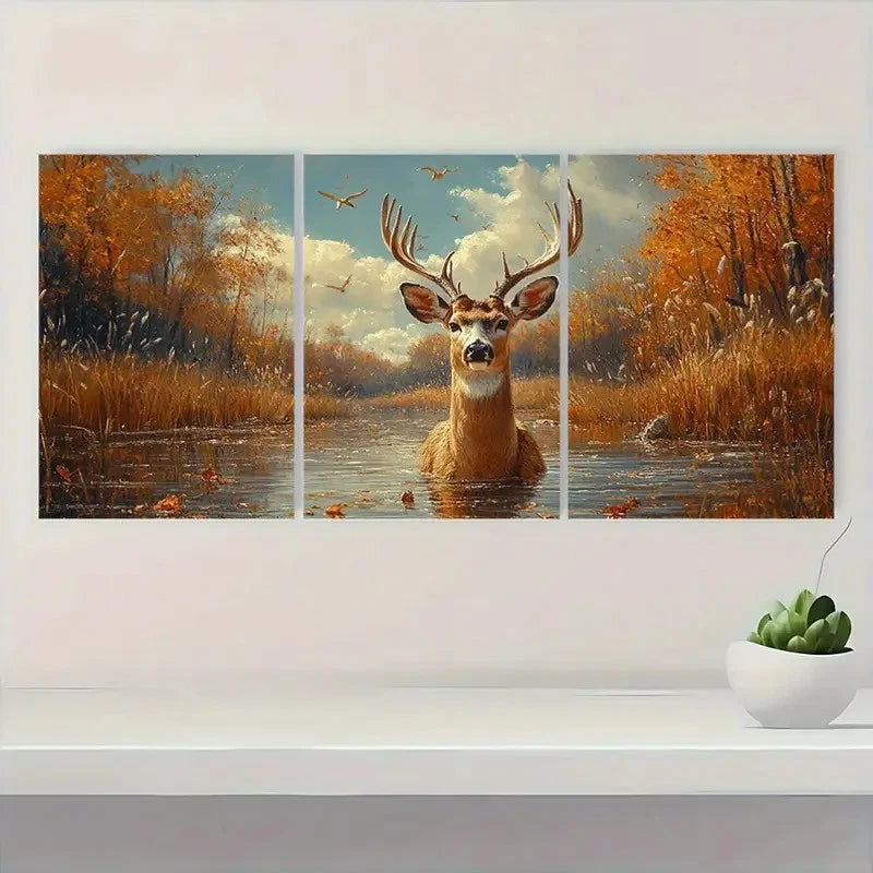 3pcs Vintage Whitetail Deer Hunting Wall Art Set Canvas Framed 40x60cm - High Quality Print 100% Australian Made Wall Canvas Ready to Hang