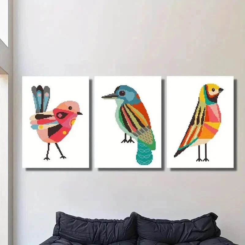 3pcs Geometric Birds Cross Stitch Pattern Wall Art Set Canvas Framed 60x90cm - High Quality Print 100% Australian Made Wall Canvas Ready to Hang