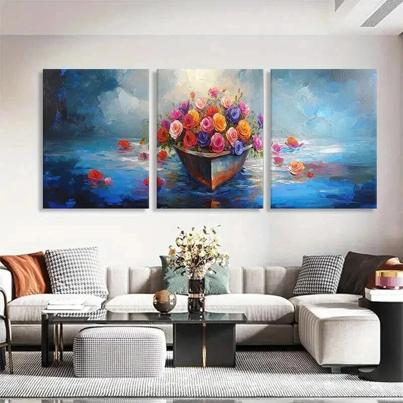 3pcs Colorful Flower Vibrant Floral Boat Perfect Wall Art Set Canvas Framed 40x60cm - High Quality Print 100% Australian Made Wall Canvas Ready to Hang