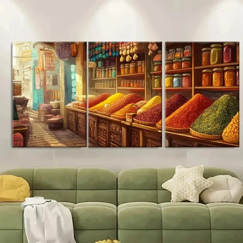 3pcs Punjab Spice Store Colorful Perfect Wall Art Set Canvas Framed 40x60cm - High Quality Print 100% Australian Made Wall Canvas Ready to Hang