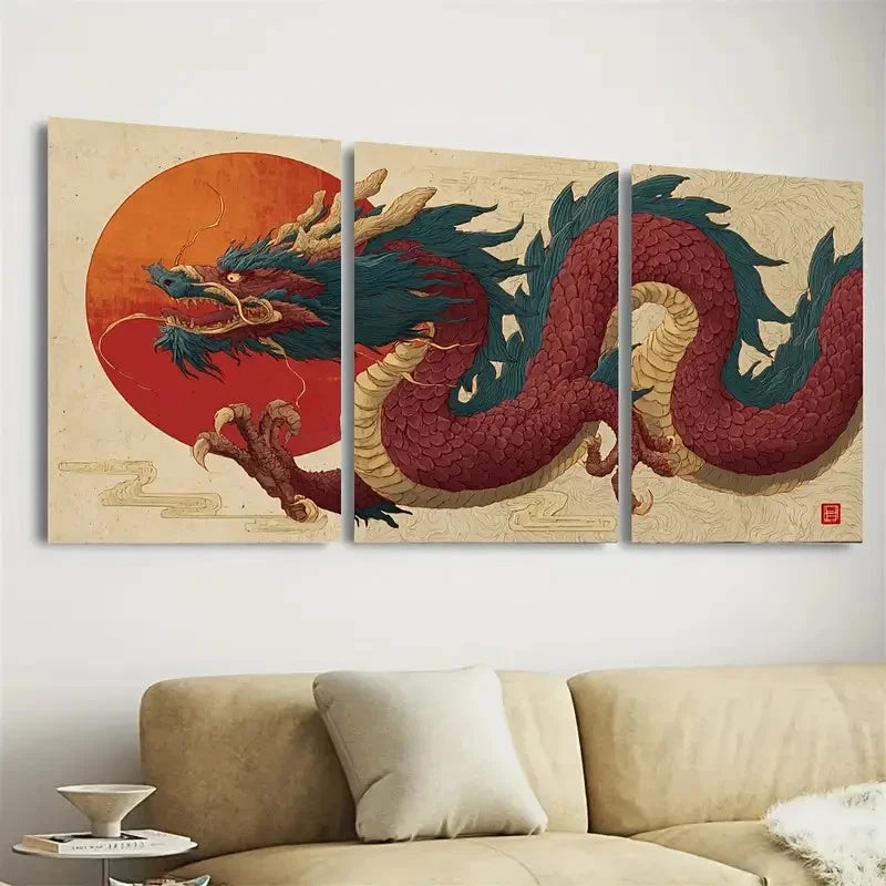 3pcs Japanese Dragon Fantasy Oriental Print Wall Art Set Canvas Framed 60x90cm - High Quality Print 100% Australian Made Wall Canvas Ready to Hang