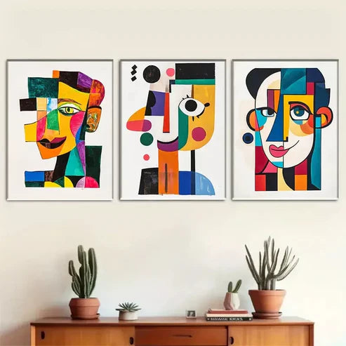 3pcs Vibrant Cubist-Style Face Triptych Wall Art Set Canvas Framed 60x90cm - High Quality Print 100% Australian Made Wall Canvas Ready to Hang