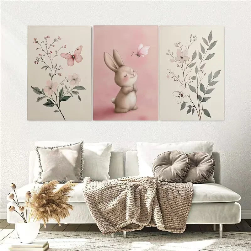 3pcs Bunnies and Butterflies Paintings Wall Art Set Canvas Framed 50x70cm – High Quality Print, 100% Australian Made, Ready to Hang