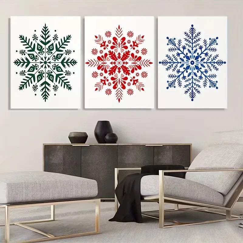 3pcs Red, Green & Blue Snowflake Wall Art Set Canvas Framed 60x90cm - High Quality Print 100% Australian Made Wall Canvas Ready to Hang