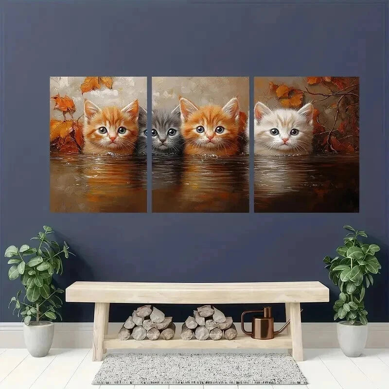 3pcs Whimsical Adorable Kitten in Water Wall Art Set Canvas Framed 40x60cm - High Quality Print 100% Australian Made Wall Canvas Ready to Hang