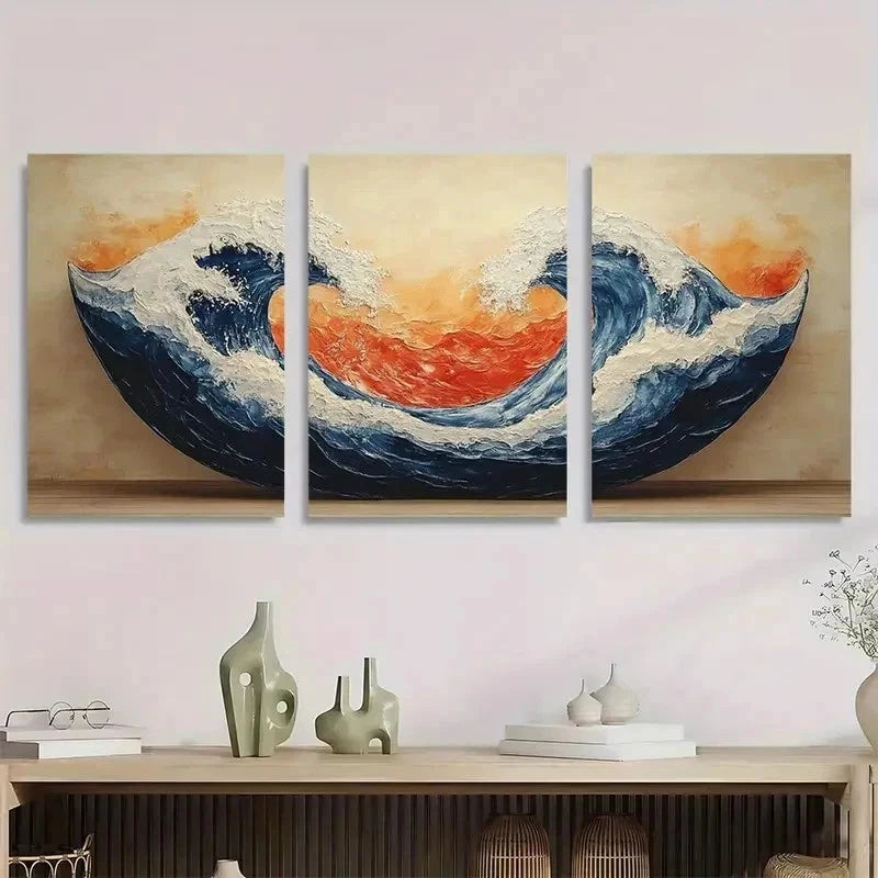 3pcs Ocean Waves Ukiyo-E Style Japanese Perfect Wall Art Set Canvas Framed 40x60cm - High Quality Print 100% Australian Made Wall Canvas Ready to Hang