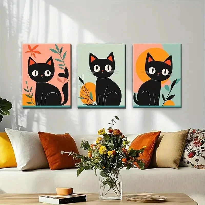 3pcs Adorable Black Cat Aesthetic Color Perfect Wall Art Set Canvas Framed 40x60cm - High Quality Print 100% Australian Made Wall Canvas Ready to Hang