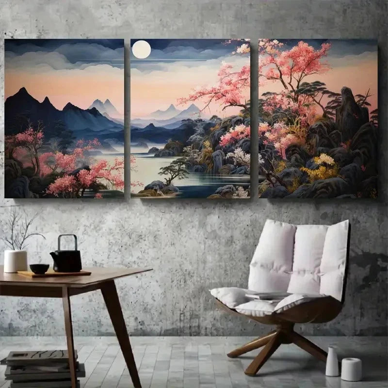 3pcs Cherry Blossom Moonlit Japanese Wall Art Set Canvas Framed 40x60cm - High Quality Print 100% Australian Made Wall Canvas Ready to Hang