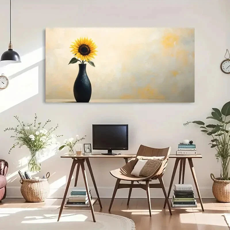 Sunflower Floral Vase Deco Wall Art Canvas Office Home Room Framed 120x60cm