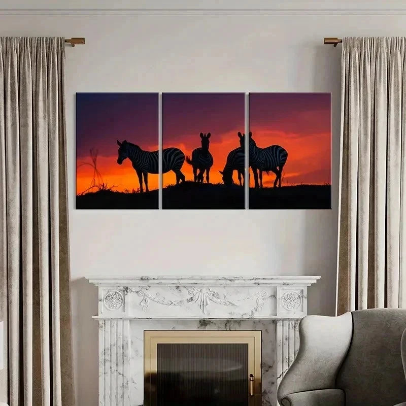 3pcs Zebra Herd At Sunset African Savannah Wall Art Set Canvas Framed 40x60cm - High Quality Print 100% Australian Made Wall Canvas Ready to Hang