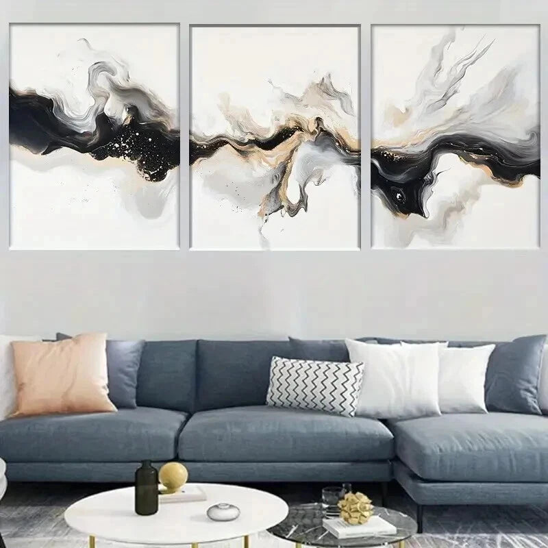 3pcs Elegant Black White And Golden Abstract Wall Art Set Canvas Framed 40x60cm - High Quality Print 100% Australian Made Wall Canvas Ready to Hang