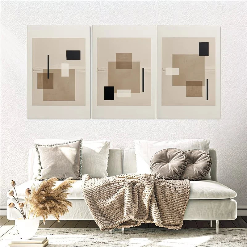 3pcs Abstract Beige Geometric Wall Art Set Canvas Framed 50x70cm – High Quality Print, 100% Australian Made Wall Canvas, Ready to Hang