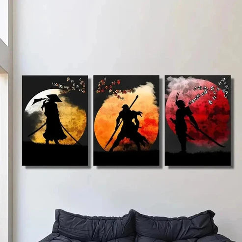 3pcs Epic Samurai & Floral Ink Illustrations Wall Art Canvas Unframed – High Quality Print 100% Australian Made Wall Canvas