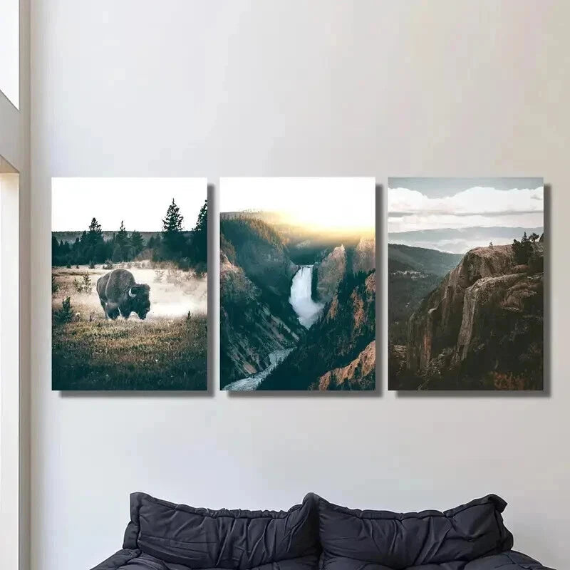 3pcs Bison Yosemite Grand Canyon & Waterfalls Wall Art Set Canvas Framed 40x60cm - High Quality Print 100% Australian Made Wall Canvas Ready to Hang