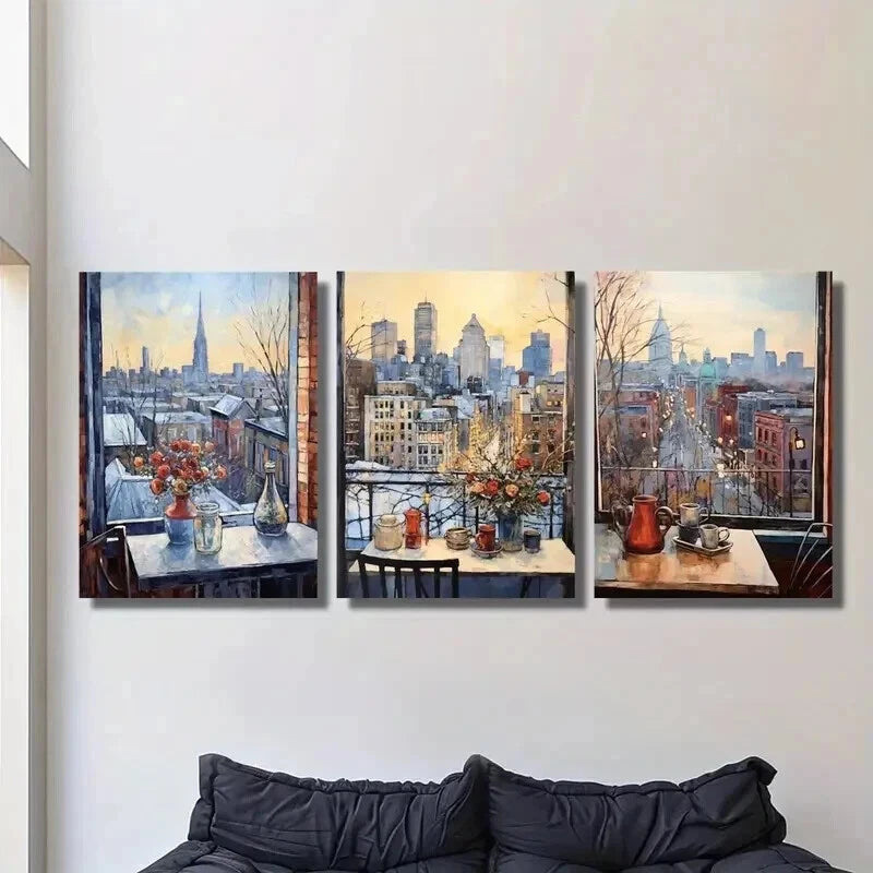3pcs Chicago Winter Cityscape Window View Wall Art Set Canvas Framed 50x70cm - High Quality Print 100% Australian Made Wall Canvas Ready to Hang