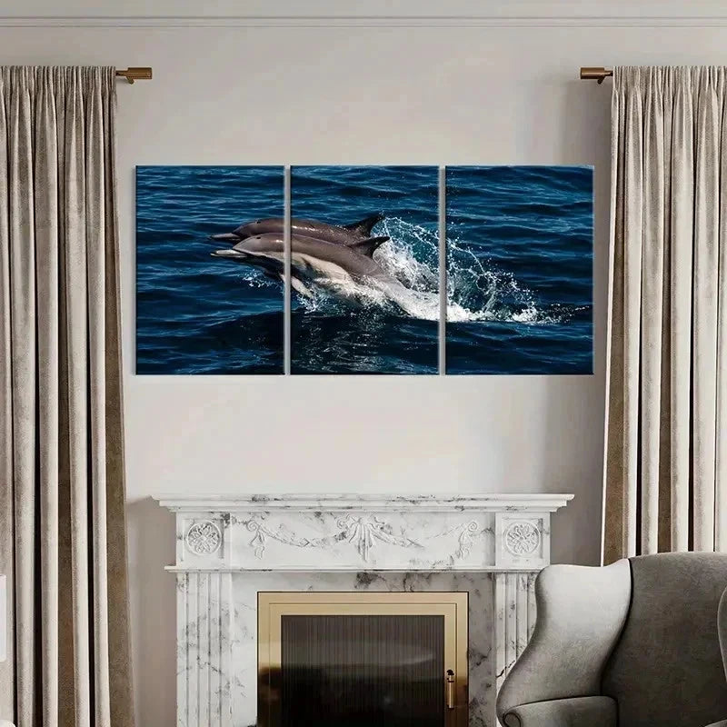 3pcs Dolphins Jumping Out Of The Sea Marine Life Wall Art Set Canvas Framed 40x60cm - High Quality Print 100% Australian Made Wall Canvas Ready to Hang