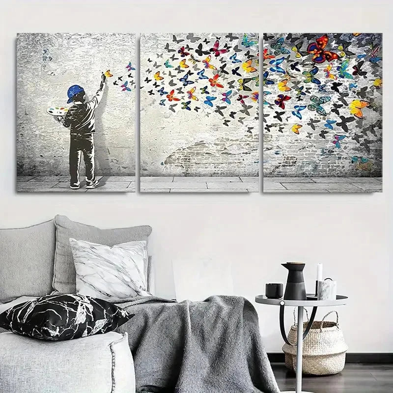 3pcs Child Painting Butterflies Wall Art Set Canvas Framed 40x60cm - High Quality Print 100% Australian Made Wall Canvas Ready to Hang