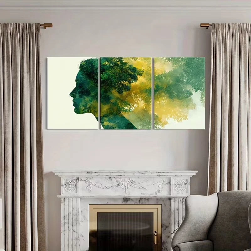3pcs Profile Silhouette, Green Leaves Wall Art Set Canvas Framed 60x90cm - High Quality Print 100% Australian Made Wall Canvas Ready to Hang