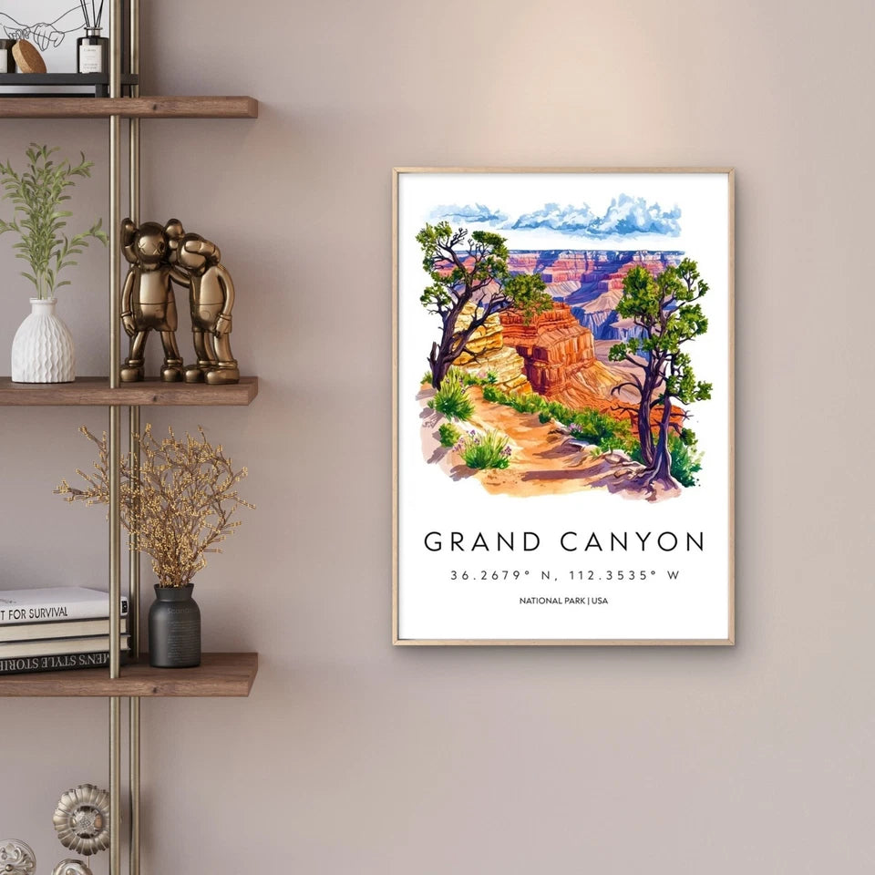 Grand Canyon National Park Watercolor Painting Travel Poster Print Wall Art - Bella Home Decor
