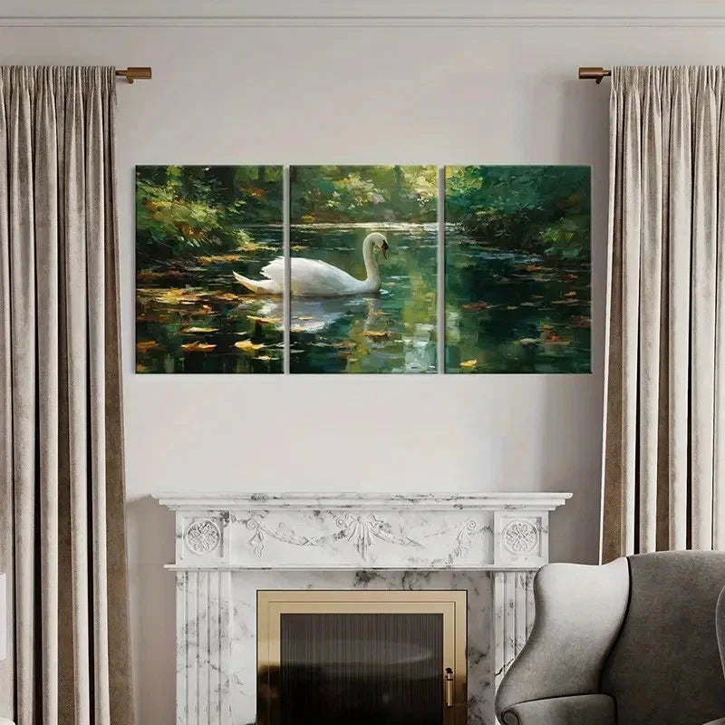 3pcs Swan Lake Scenery Forest Reflections Wall Art Set Canvas Framed 60x90cm - High Quality Print 100% Australian Made Wall Canvas Ready to Hang