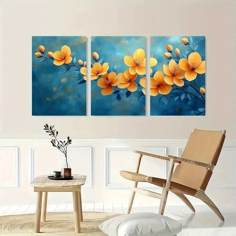 3pcs Colorful Flower Blue Yellow Perfect Wall Art Set Canvas Framed 40x60cm - High Quality Print 100% Australian Made Wall Canvas Ready to Hang