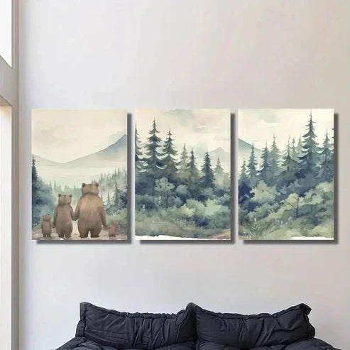 3pcs Bear Family in Forest Portrait Decor Wall Art Set Canvas Unframed - High Quality Print 100% Australian Made Wall Canvas