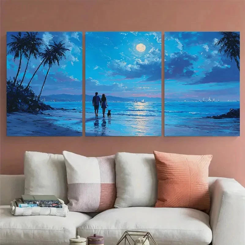 3pcs Romantic Beach Couple Dog Perfect Wall Art Set Canvas Framed 60x90cm - High Quality Print 100% Australian Made Wall Canvas Ready to Hang