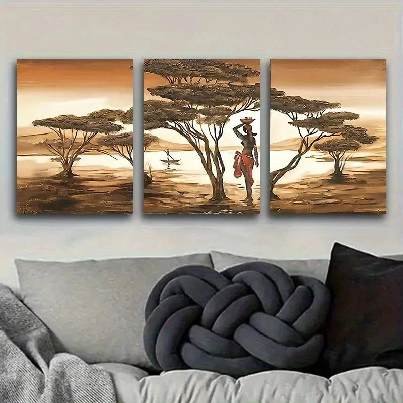 3pcs Serene African Sunset with Acacia Trees Wall Art Set Canvas Framed 60x90cm - High Quality Print 100% Australian Made Wall Canvas Ready to Hang