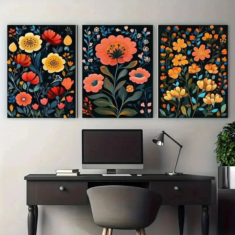 3pcs Afghanistan Gallery Floral Flowers Perfect Wall Art Set Canvas Framed 50x70cm - High Quality Print 100% Australian Made Wall Canvas Ready to Hang