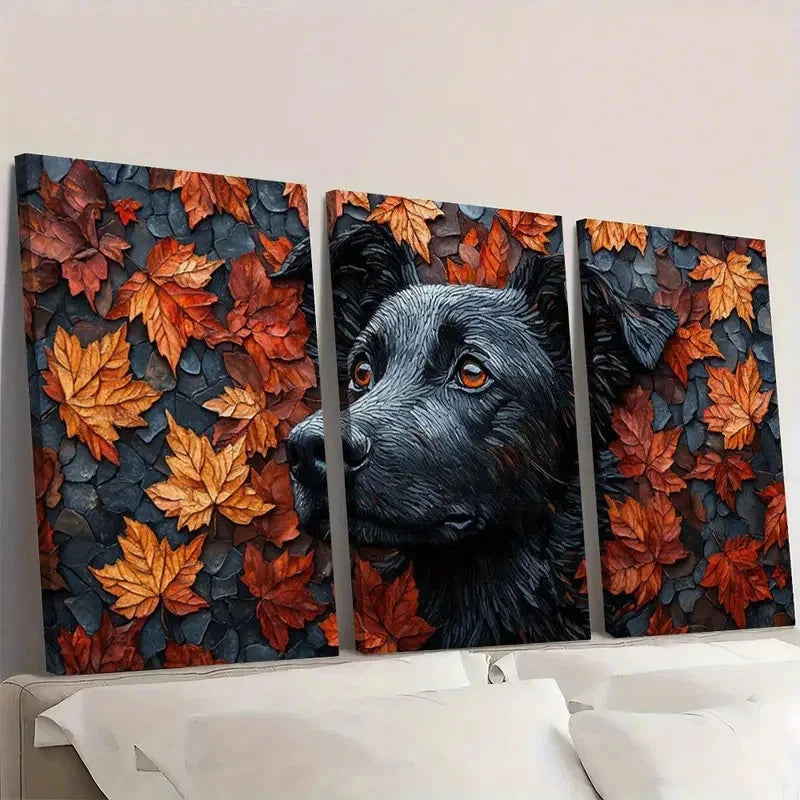 3pcs Leaf Dog Vibrant Autumn Foliage Design Wall Art Set Canvas Framed 40x60cm - High Quality Print 100% Australian Made Wall Canvas Ready to Hang