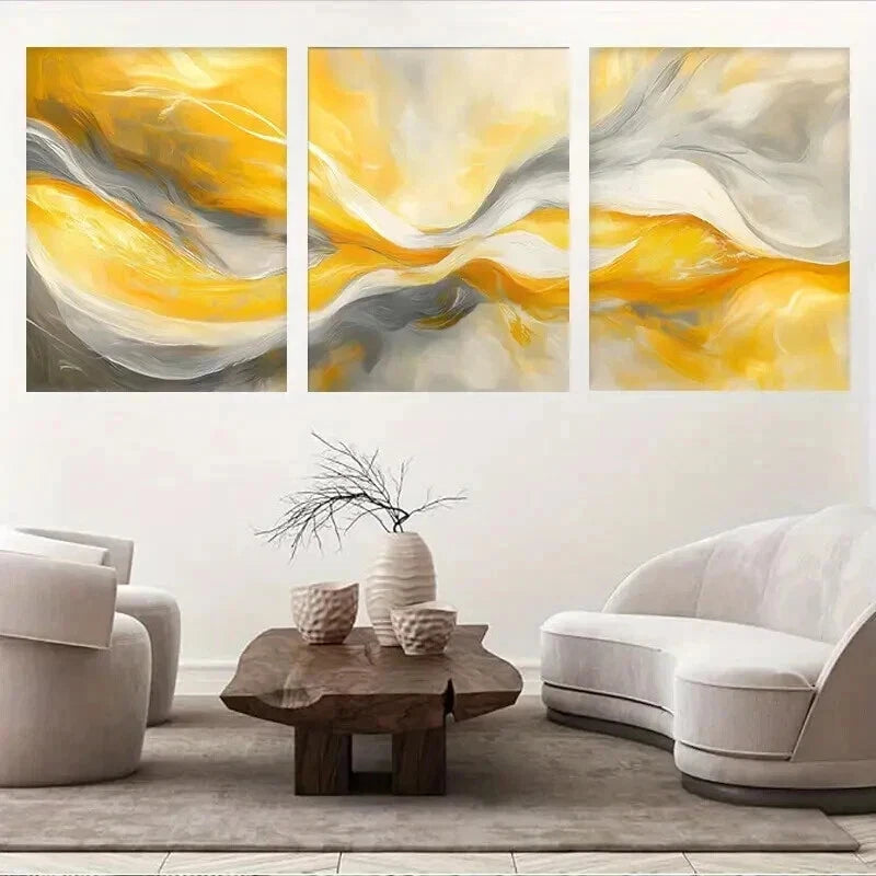 3pcs Abstract Yellow And Gray Design Wall Art Set Canvas Framed 40x60cm - High Quality Print 100% Australian Made Wall Canvas Ready to Hang