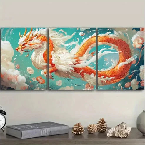 3pcs Featuring a Chinese Dragon Wall Art Set Canvas Unframed - High Quality Print 100% Australian Made Wall Canvas - Bella Home Decor