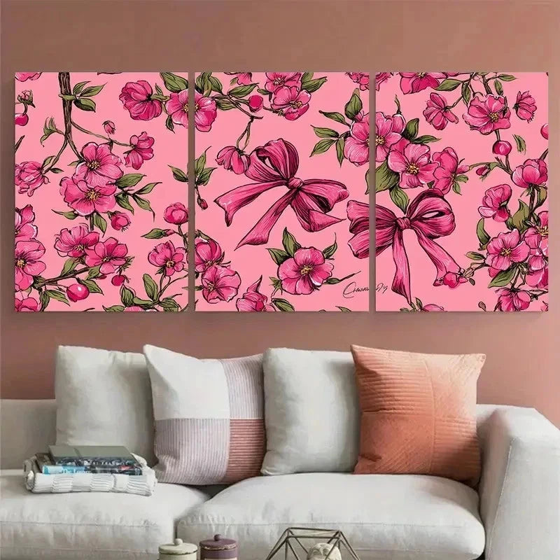 3pcs Ma Cherie Pink Bow Feminine Perfect Wall Art Set Canvas Framed 40x60cm - High Quality Print 100% Australian Made Wall Canvas Ready to Hang