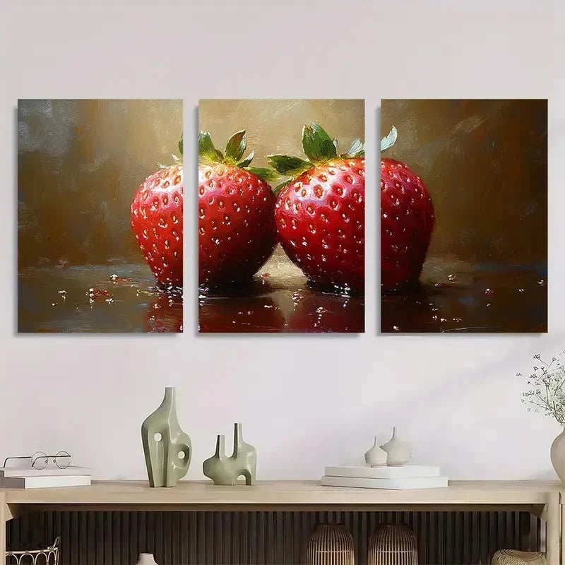 3pcs Vibrant Strawberry Realistic Perfect Wall Art Set Canvas Framed 40x60cm - High Quality Print 100% Australian Made Wall Canvas Ready to Hang